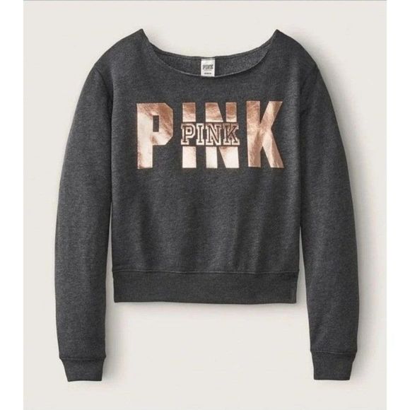 PINK VS XL Gray & Gold Open Neck Crew Sweatshirt Victoria Secret - Picture 1 of 6